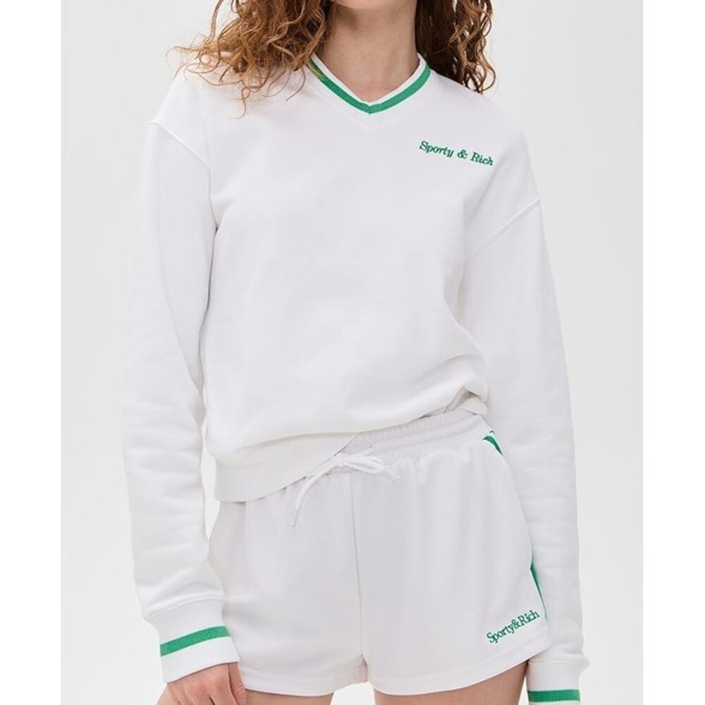 Sporty & Rich Women's White V-Neck Sweatshirt with Green Trim